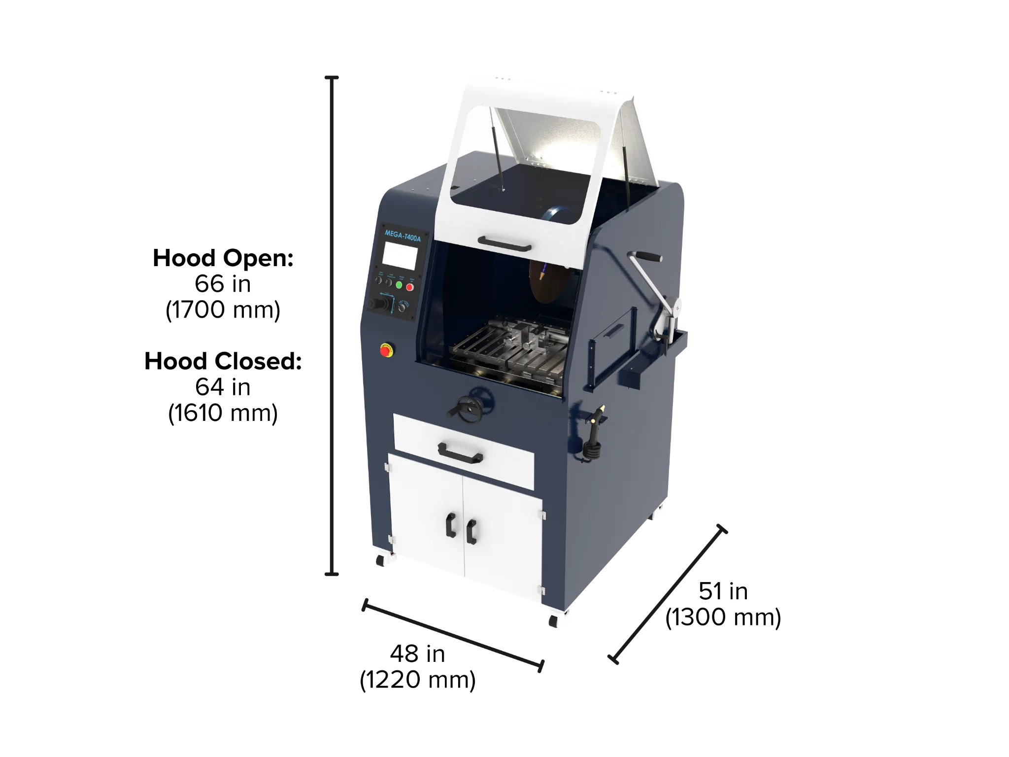 Image of the MEGA-T400A with key dimensions, such as width, depth, and length